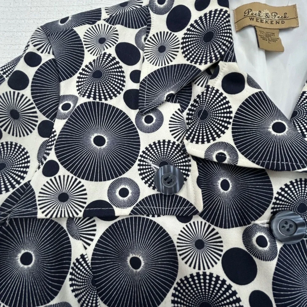 Peck & Peck Weekend Jacket Womens Large Geometric Print Black White Mod‎ Retro